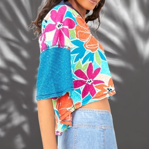 FREE PEOPLE Cotton on a Boat Colorblock V-Neck Boxy Cropped Cotton Polo Top NWT - Picture 3 of 14